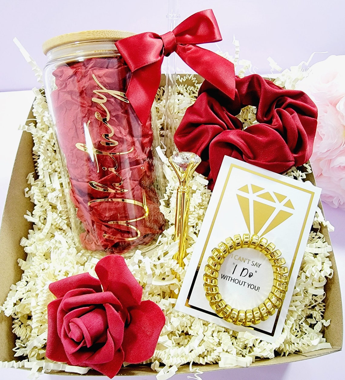 Burgundy and Gold Bridesmaid Proposal Box, Red Will You Be My Bridesmaid Box Set, Maroon Maid of Honor Gift Box + Glass Tumbler - BMPB041BUR