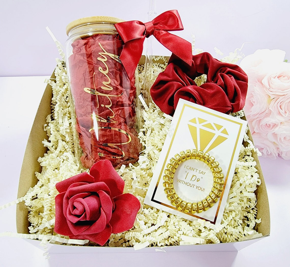 Burgundy and Gold Bridesmaid Proposal Box, Red Will You Be My Bridesmaid Box Set, Maroon Maid of Honor Gift Box + Glass Tumbler - BMPB041BUR