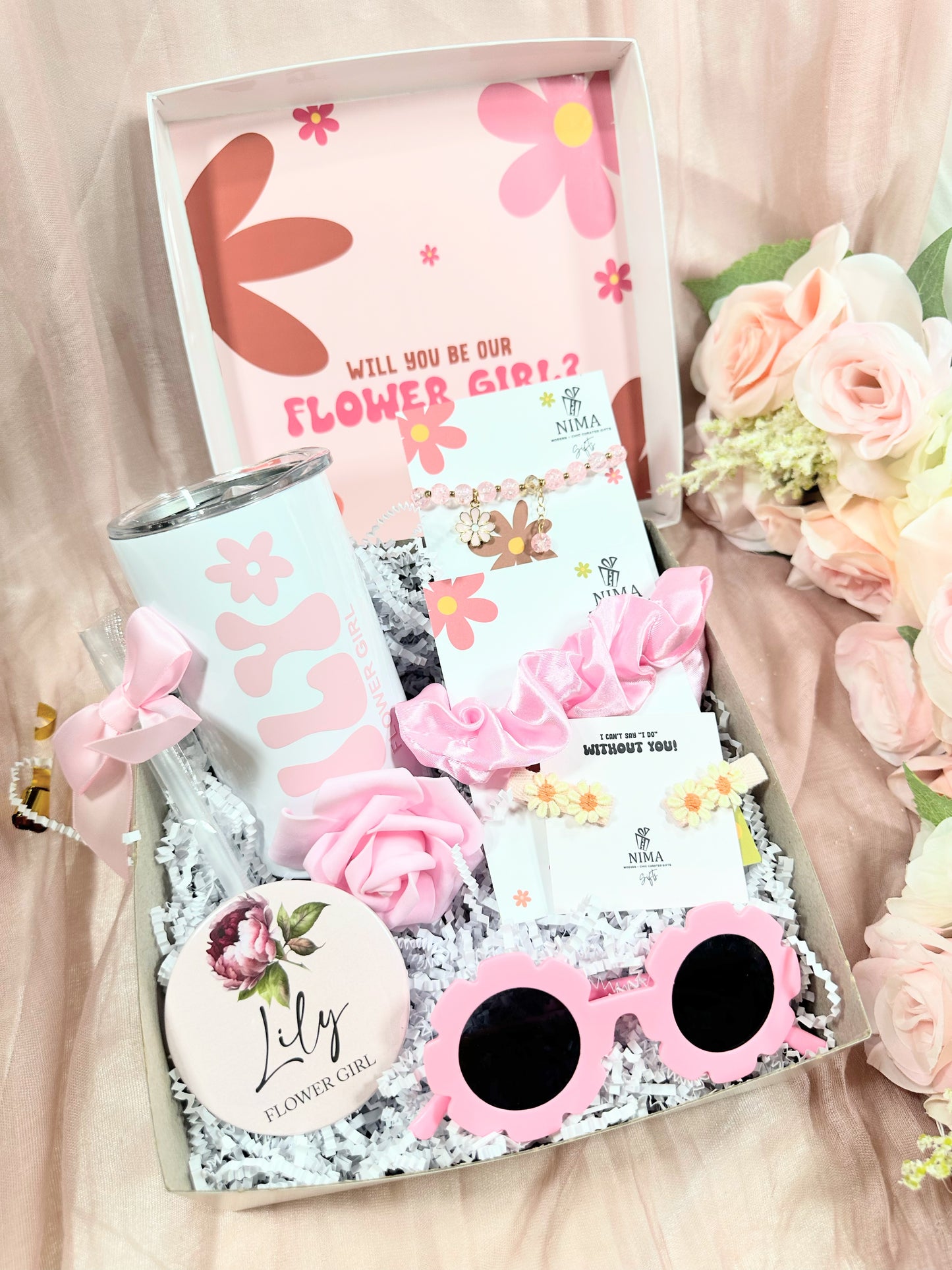 Retro Pink Flower Girl Gift Set, Flower Girl Proposal Box, Flower Girl Sunglasses, Jr Bridesmaid Gift Set, Flower Girl Gift Box-FGGB009