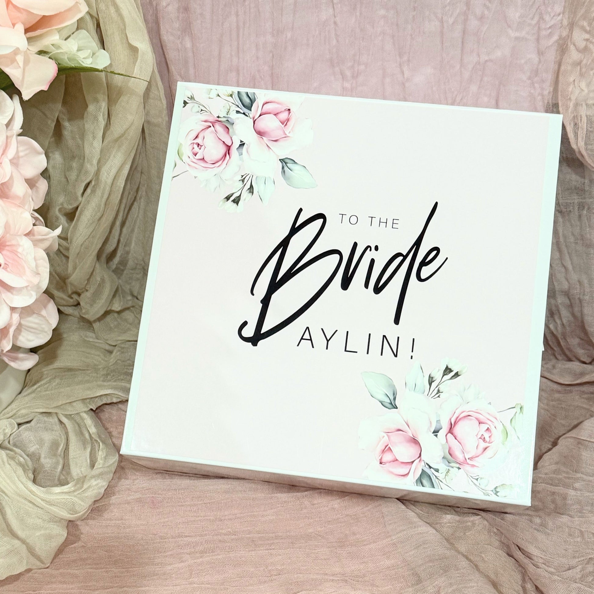 Bride to be engagement gift box showing one of the optional designs for the box.  Made by NIMA Gifts