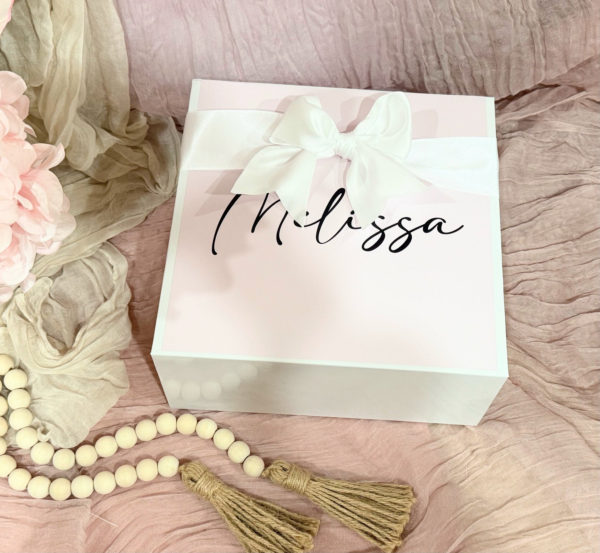 Bride to be engagement gift box showing one of the optional designs for the box.  Made by NIMA Gifts
