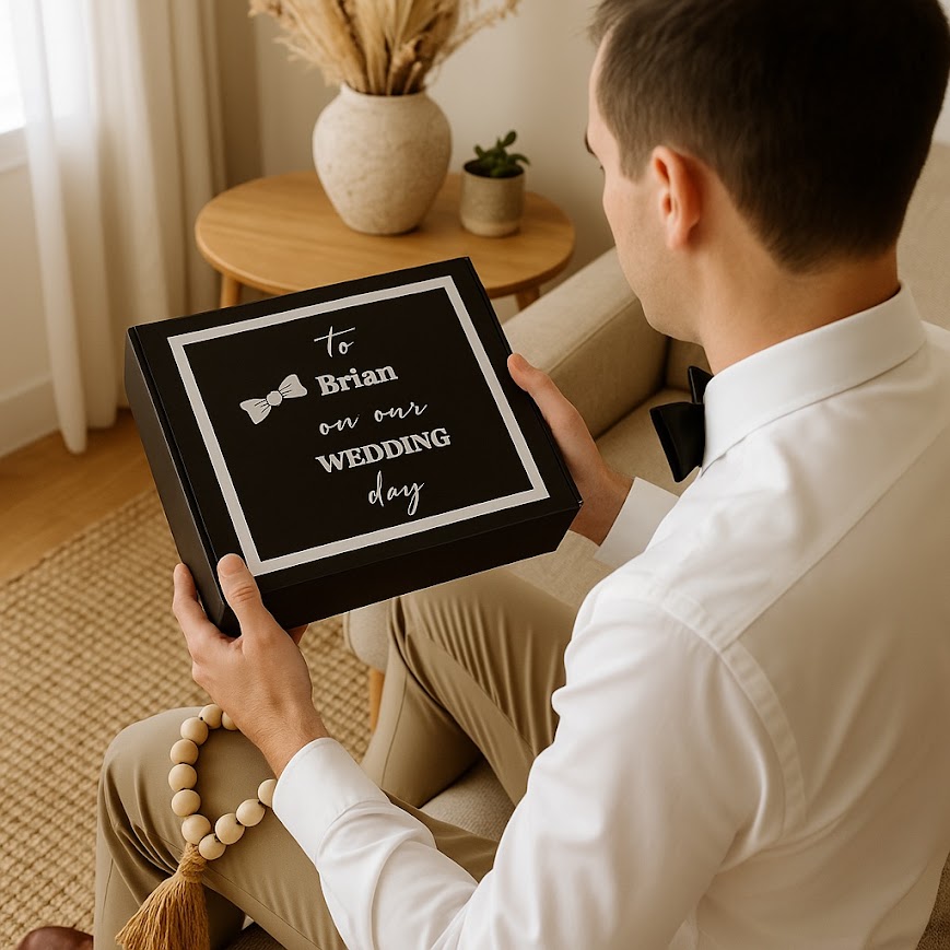 Man holding a personalized gift box with 'to Brian on our wedding day' text.