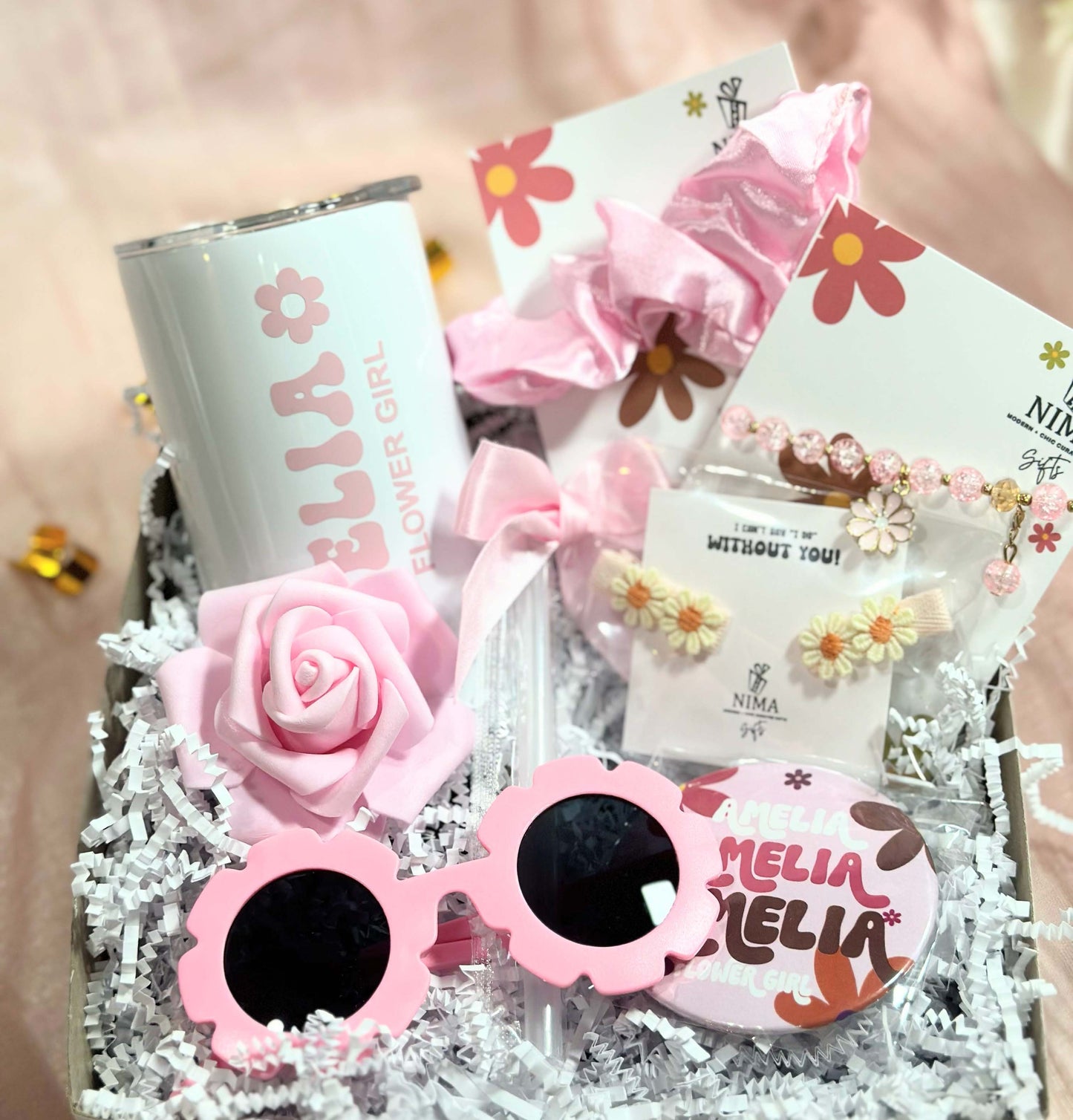 Retro Pink Flower Girl Gift Set, Flower Girl Proposal Box, Flower Girl Sunglasses, Jr Bridesmaid Gift Set, Flower Girl Gift Box-FGGB009