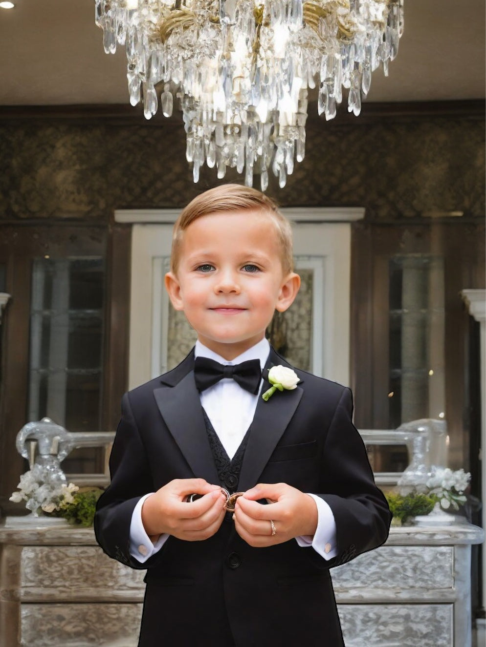 Ring bearer wearing a tux with a bow tie holding wedding rings