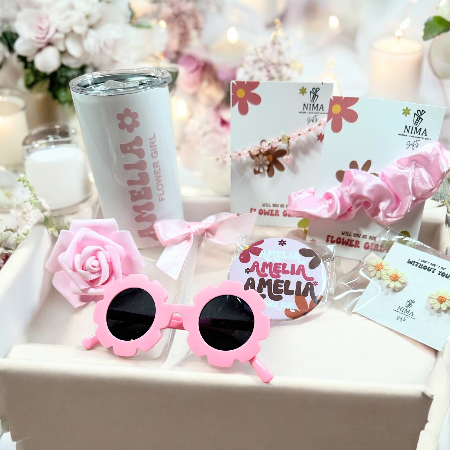 Retro Pink Flower Girl Gift Set, Flower Girl Proposal Box, Flower Girl Sunglasses, Jr Bridesmaid Gift Set, Flower Girl Gift Box-FGGB009