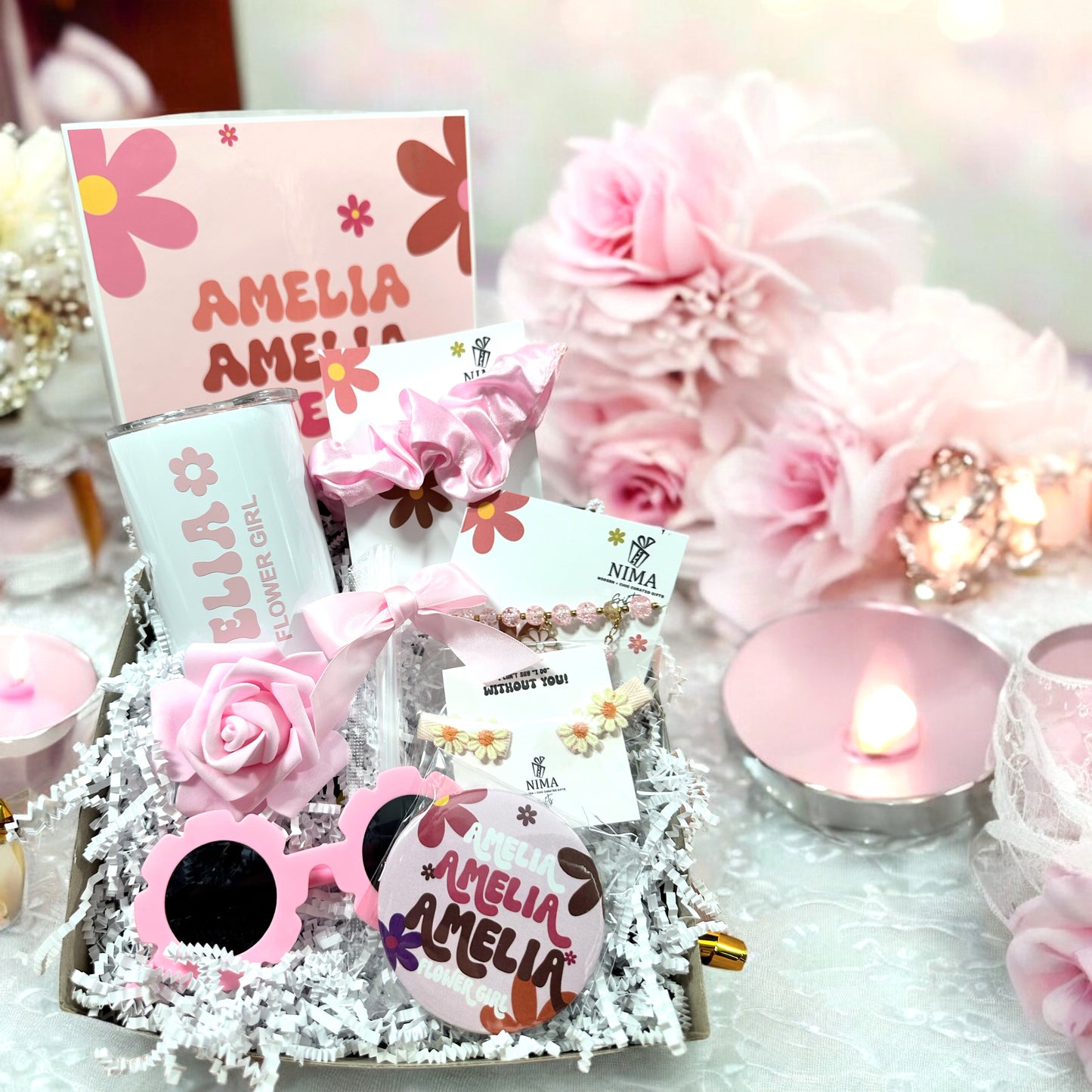 Retro Pink Flower Girl Gift Set, Flower Girl Proposal Box, Flower Girl Sunglasses, Jr Bridesmaid Gift Set, Flower Girl Gift Box-FGGB009