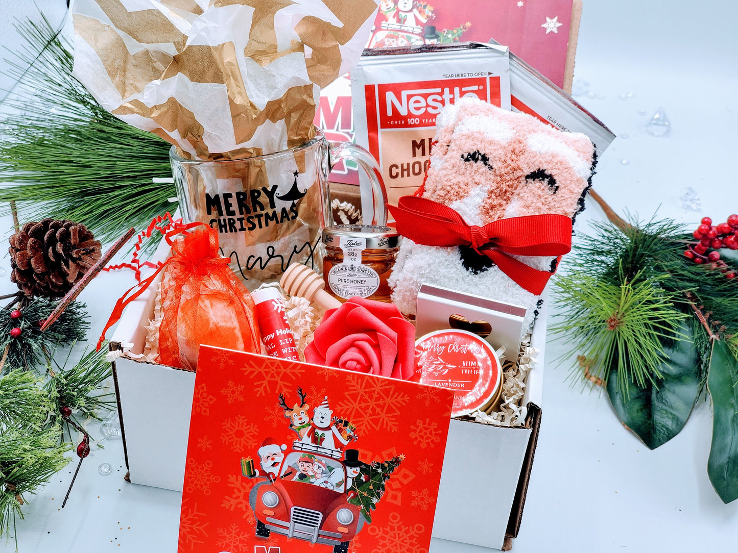 Christmas Gift Box for Women with Glass Coffee Mug, Personalized Best Friend Spa Gift, Christmas Gift for Her, Holiday Gift Basket -CSGB012