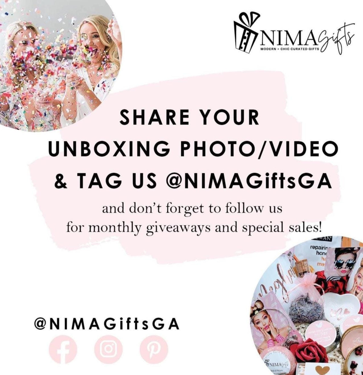 A pink graphic with the text "NIMA gifts" and "Modern + Chic Curated Gifts". The image also includes the text "We Are Social" and the Instagram handle "@NIMAGiftsGA". Social media icons for Facebook, Instagram, and Pinterest are also present.