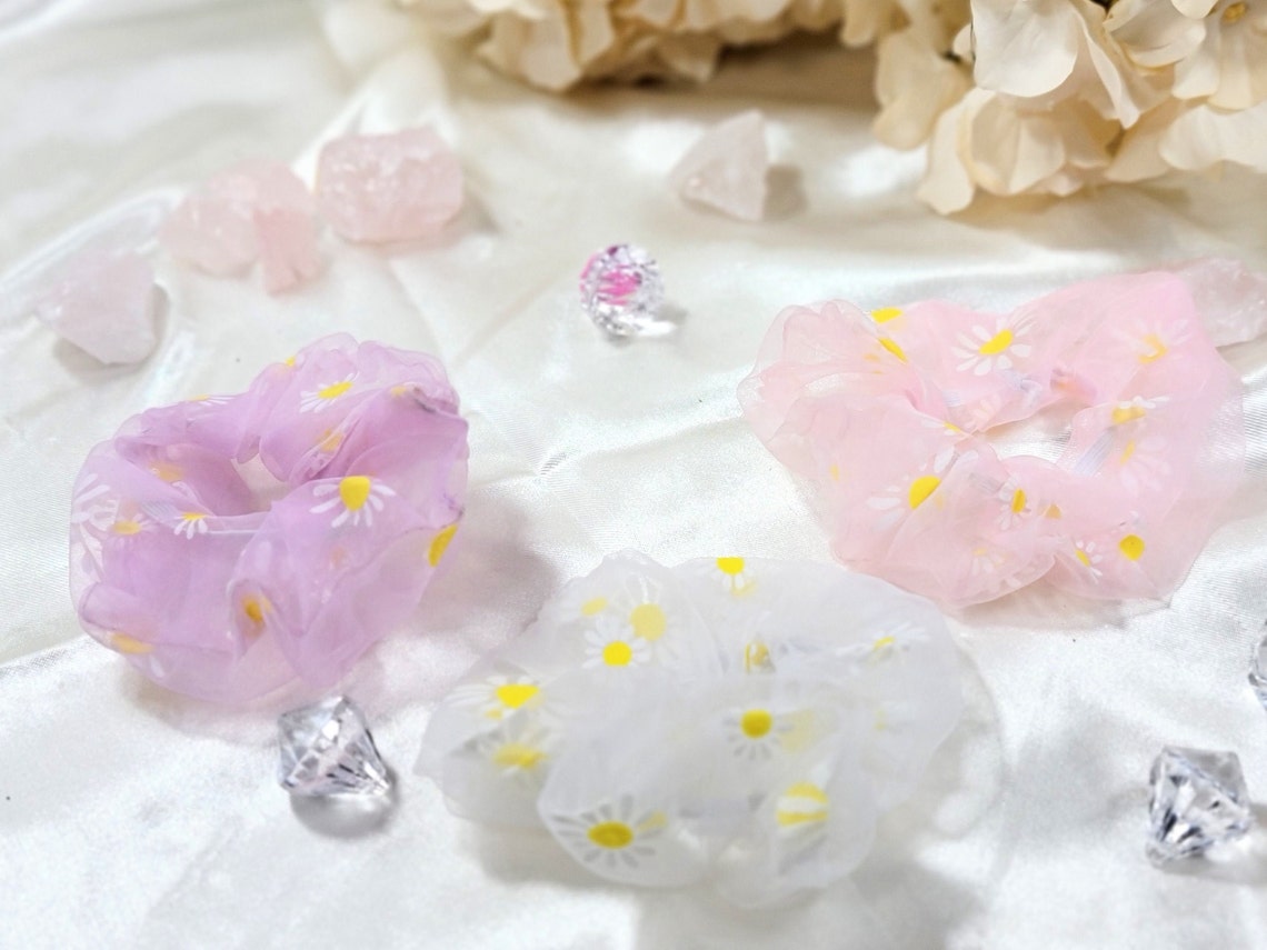 Floral Organza Scrunchie for Flower Girl Proposal Gift, Kids Hair Accessories, Girls Hair Scrunchies in Pink Lilac, White, Purple - FGHSC01