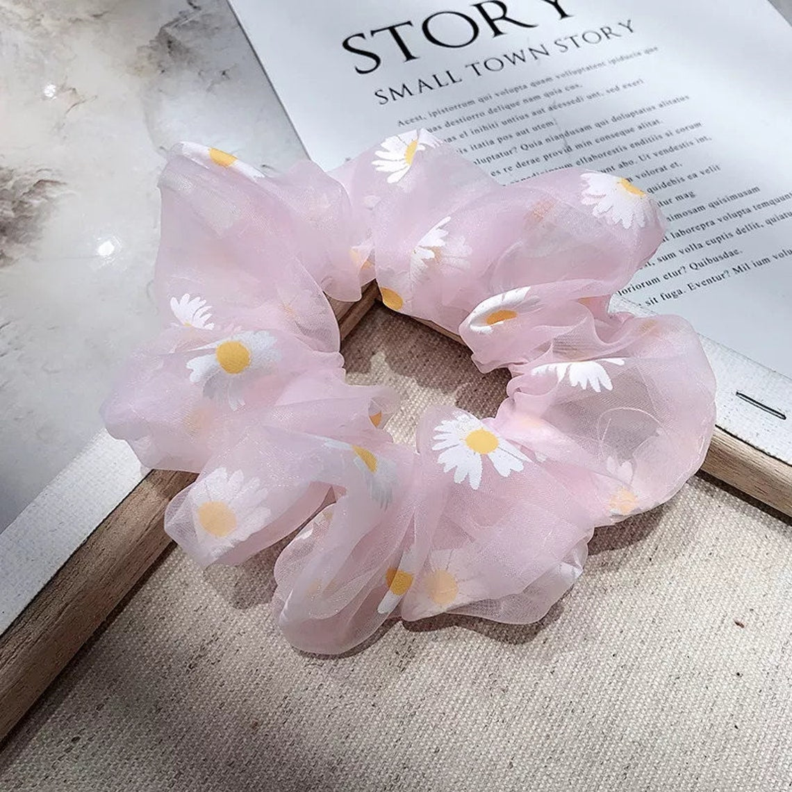 Floral Organza Scrunchie for Flower Girl Proposal Gift, Kids Hair Accessories, Girls Hair Scrunchies in Pink Lilac, White, Purple - FGHSC01