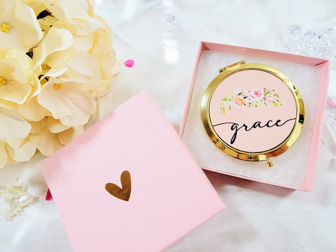 Flower Print Mirror Compacts for Teen Girl Birthday Gift Ideas Flower Girl Mirrors Personalized Gifts Women Junior Bridesmaid - FGCM01