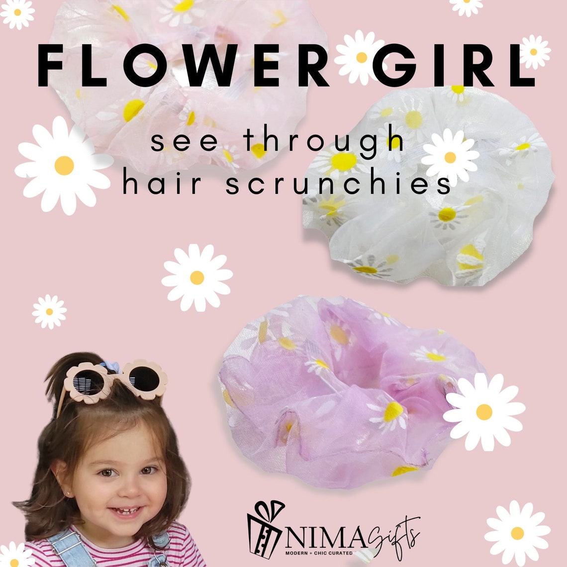 Floral Organza Scrunchie for Flower Girl Proposal Gift, Kids Hair Accessories, Girls Hair Scrunchies in Pink Lilac, White, Purple - FGHSC01