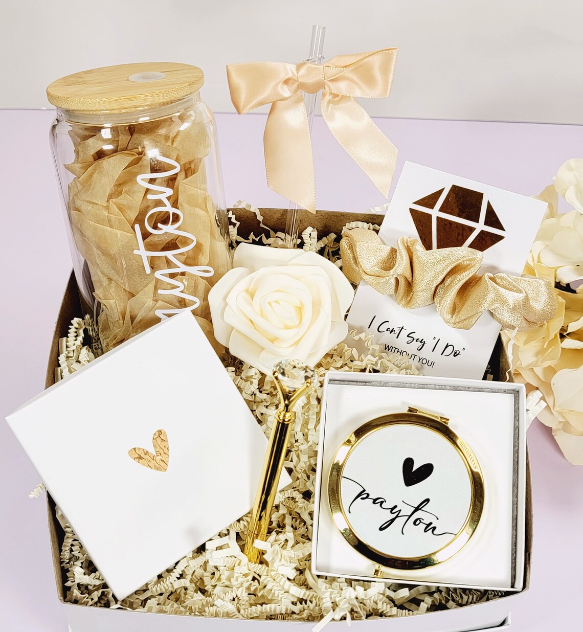 Gold Boho Bridesmaid Proposal Box Sets, Personalized Bridesmaid Gift Box Will You Be My Maid of Honor Gift Set with Glass Tumbler - BMPB041E