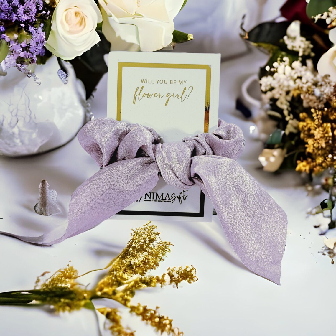 Flower Girl Bow Scrunchie Bridesmaid Scrunchies, Pink Lilac Lavender Purple Blue Hair Accessories Perfect Bridesmaid Proposal Gift - FGHSC02