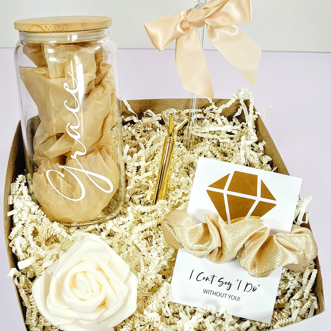 Gold Boho Bridesmaid Proposal Box Sets, Personalized Bridesmaid Gift Box Will You Be My Maid of Honor Gift Set with Glass Tumbler - BMPB041E