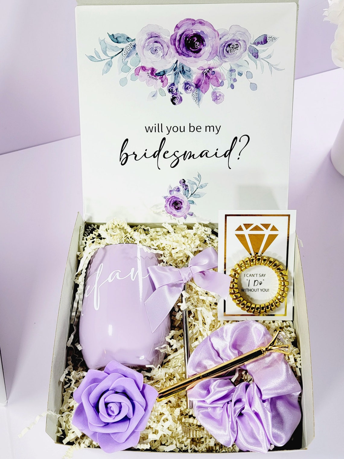 Purple & Gold Bridesmaid Proposal Box Set, Lilac Will You Be My Bridesmaid Gift Box Set, Maid of Honor Proposal Box, Bridesmaid Box -BMPB033