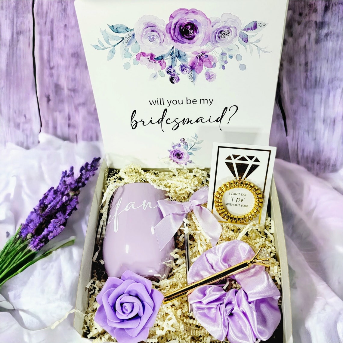 Purple & Gold Bridesmaid Proposal Box Set, Lilac Will You Be My Bridesmaid Gift Box Set, Maid of Honor Proposal Box, Bridesmaid Box -BMPB033