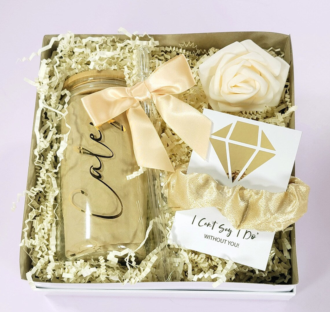 Gold Boho Bridesmaid Proposal Box Sets, Personalized Bridesmaid Gift Box Will You Be My Maid of Honor Gift Set with Glass Tumbler - BMPB041E