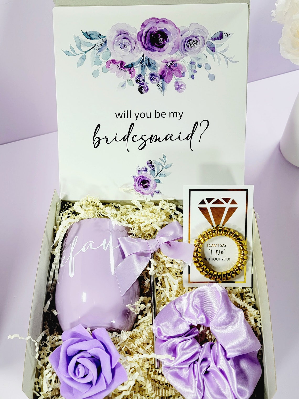 Purple & Gold Bridesmaid Proposal Box Set, Lilac Will You Be My Bridesmaid Gift Box Set, Maid of Honor Proposal Box, Bridesmaid Box -BMPB033