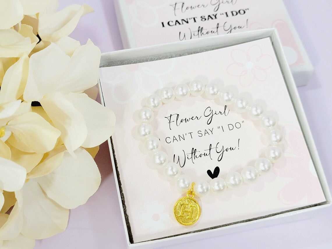 Flower Girl Proposal Pearl Bracelet, Personalized Flowergirl Gift Ideas, Monogram Girl Pearl Beads Bracelet, Faux Pearl Bracelet - FGBR002