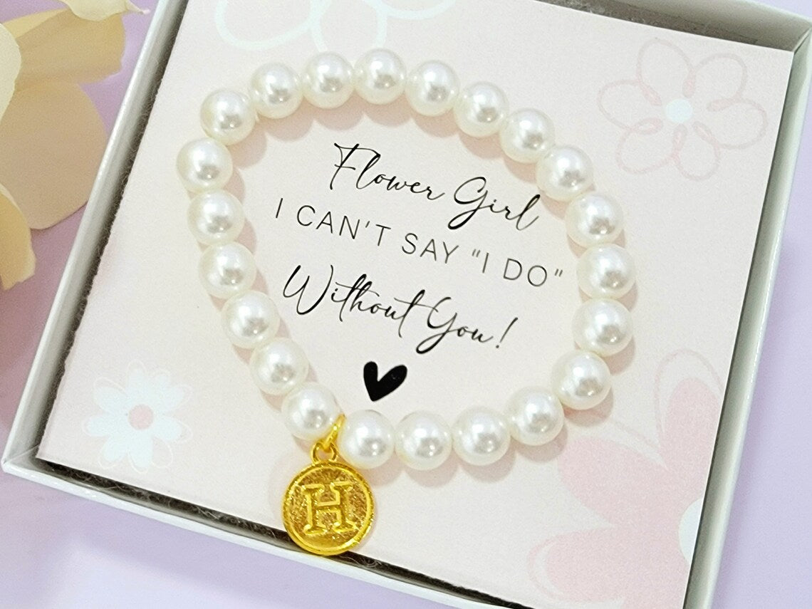 Flower Girl Proposal Pearl Bracelet, Personalized Flowergirl Gift Ideas, Monogram Girl Pearl Beads Bracelet, Faux Pearl Bracelet - FGBR002
