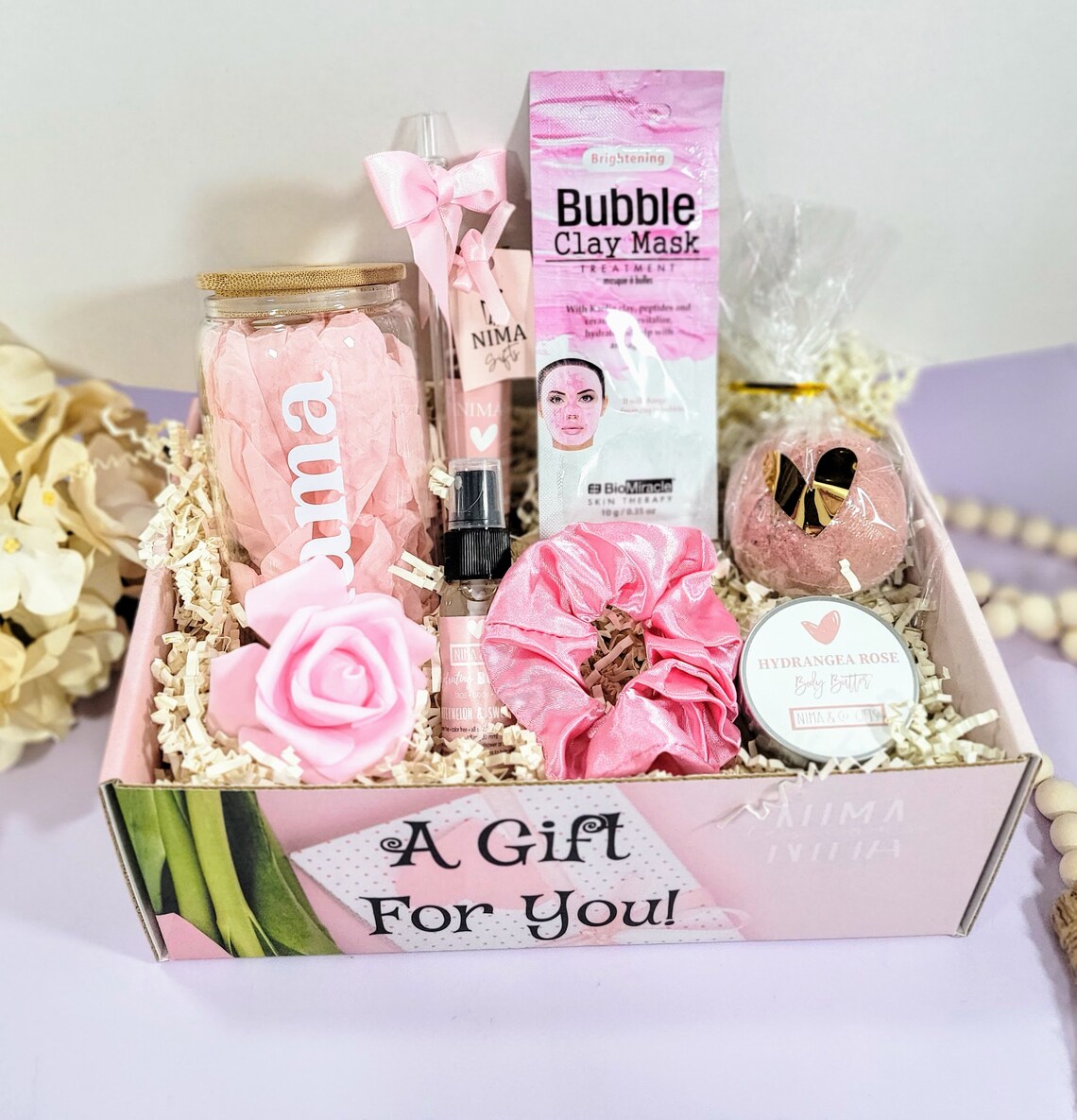 Birthday Gifts Spa Gift Basket For Mom + Iced Coffee Cup with Lid and Straw, Birthday Gift Box for Her, Spa Gift Set + Glass Tumbler-MDGB026