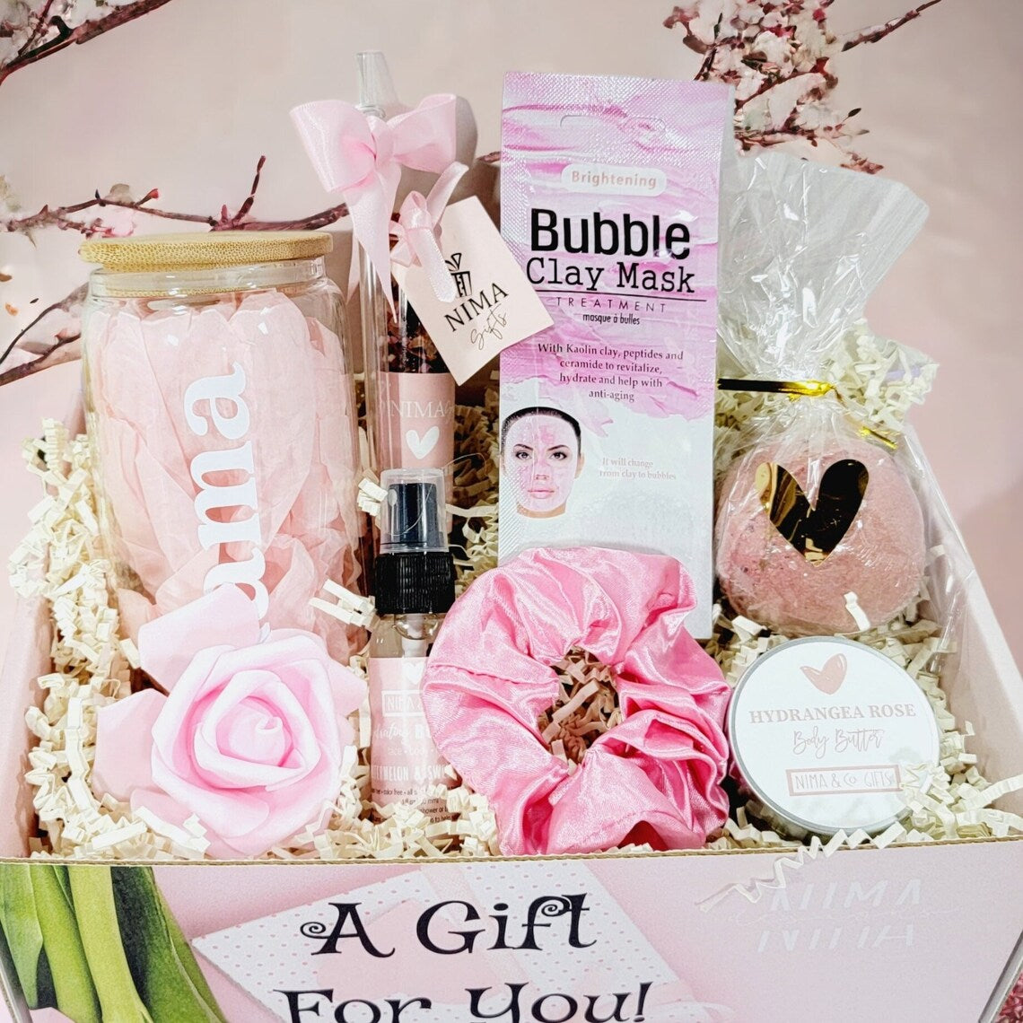 Birthday Gifts Spa Gift Basket For Mom + Iced Coffee Cup with Lid and Straw, Birthday Gift Box for Her, Spa Gift Set + Glass Tumbler-MDGB026