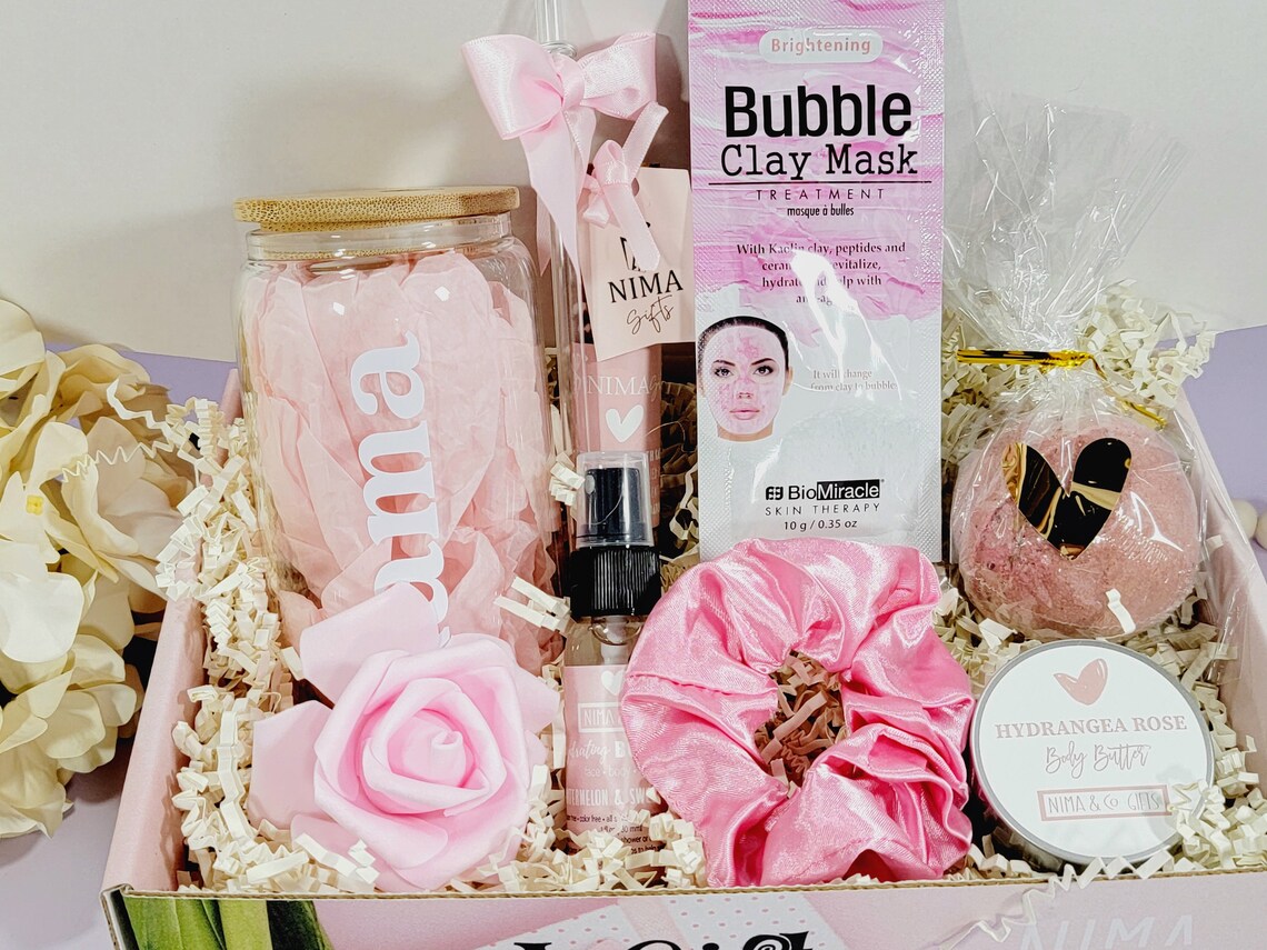 Birthday Gifts Spa Gift Basket For Mom + Iced Coffee Cup with Lid and Straw, Birthday Gift Box for Her, Spa Gift Set + Glass Tumbler-MDGB026