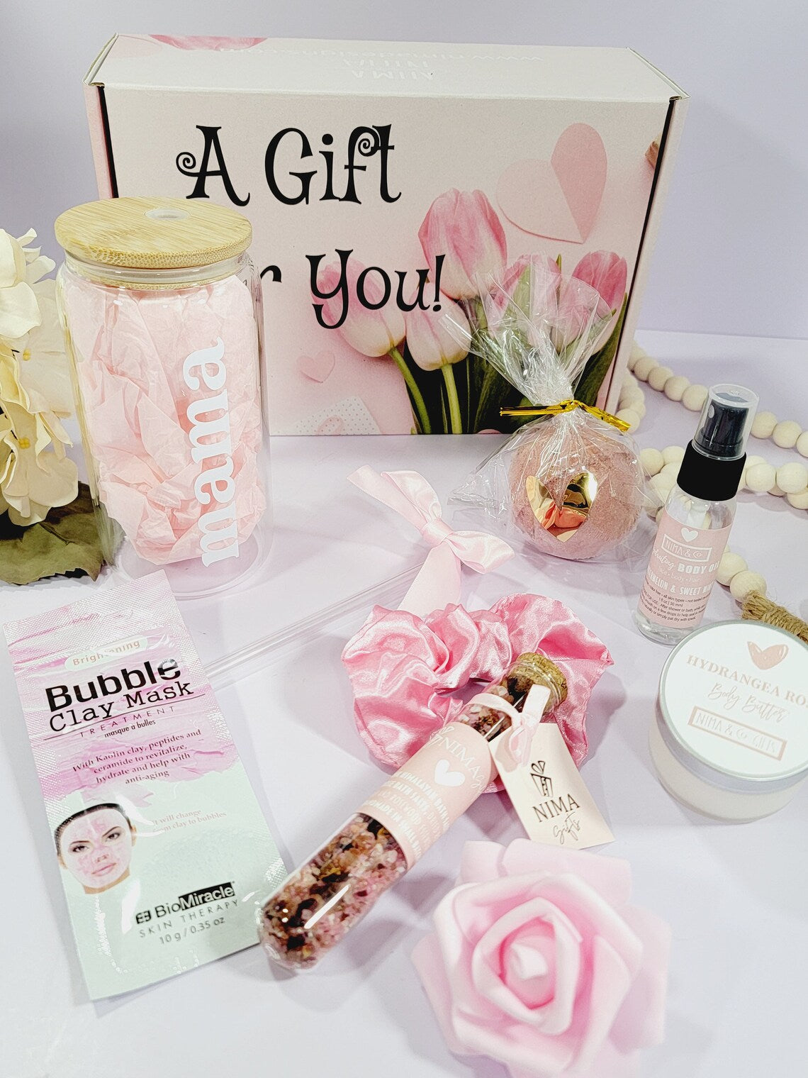 Birthday Gifts Spa Gift Basket For Mom + Iced Coffee Cup with Lid and Straw, Birthday Gift Box for Her, Spa Gift Set + Glass Tumbler-MDGB026