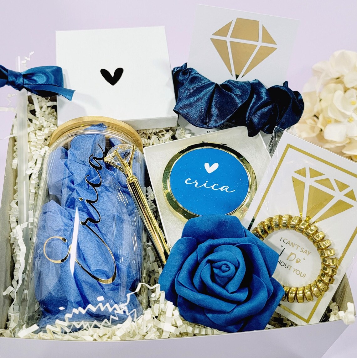 Bridesmaid Proposal Box Set Navy Blue & Gold, Bridesmaid Gift Box, Will You Be My Maid of Honor Gift with Glass Tumbler -BMPB041C