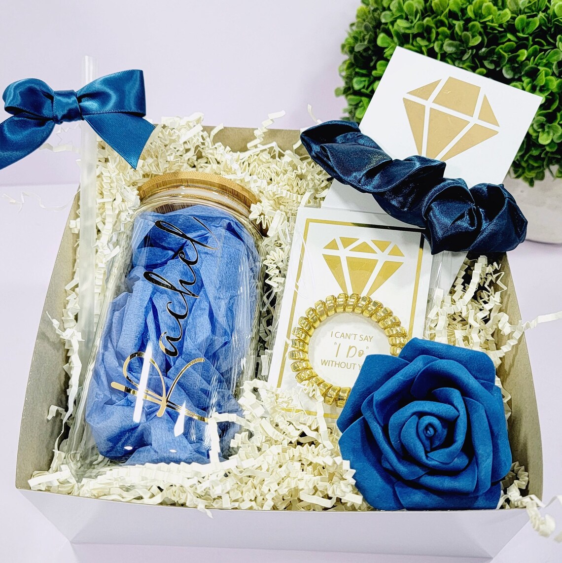 Bridesmaid Proposal Box Set Navy Blue & Gold, Bridesmaid Gift Box, Will You Be My Maid of Honor Gift with Glass Tumbler -BMPB041C