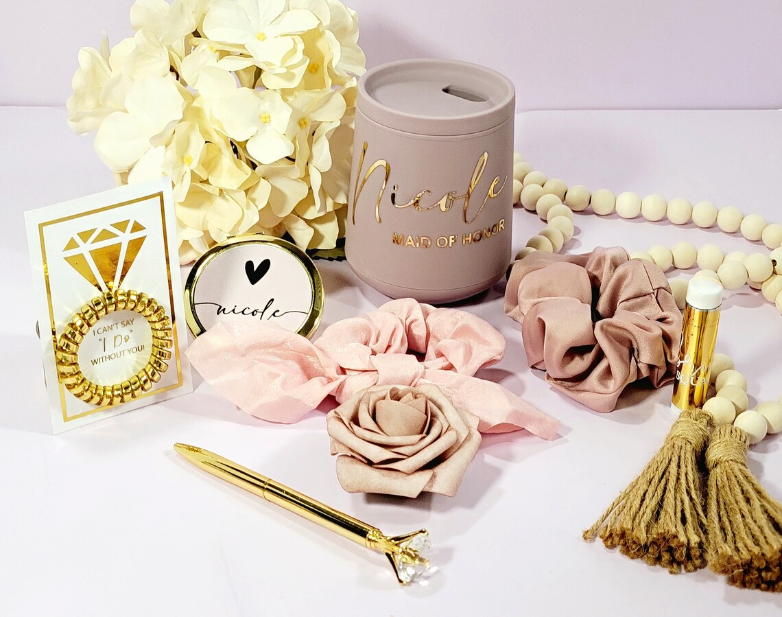 Bridesmaid Proposal Box Set Dusty Rose & Gold, Personalized Bridesmaid Gift Box, Will You Be My Maid of Honor Gift, Glass Tumbler -BMPB043