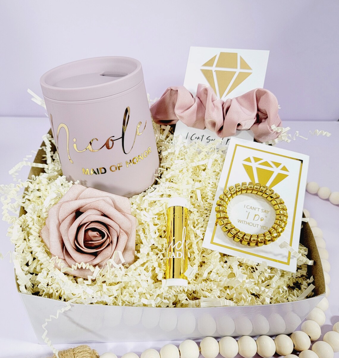 Bridesmaid Proposal Box Set Dusty Rose & Gold, Personalized Bridesmaid Gift Box, Will You Be My Maid of Honor Gift, Glass Tumbler -BMPB043
