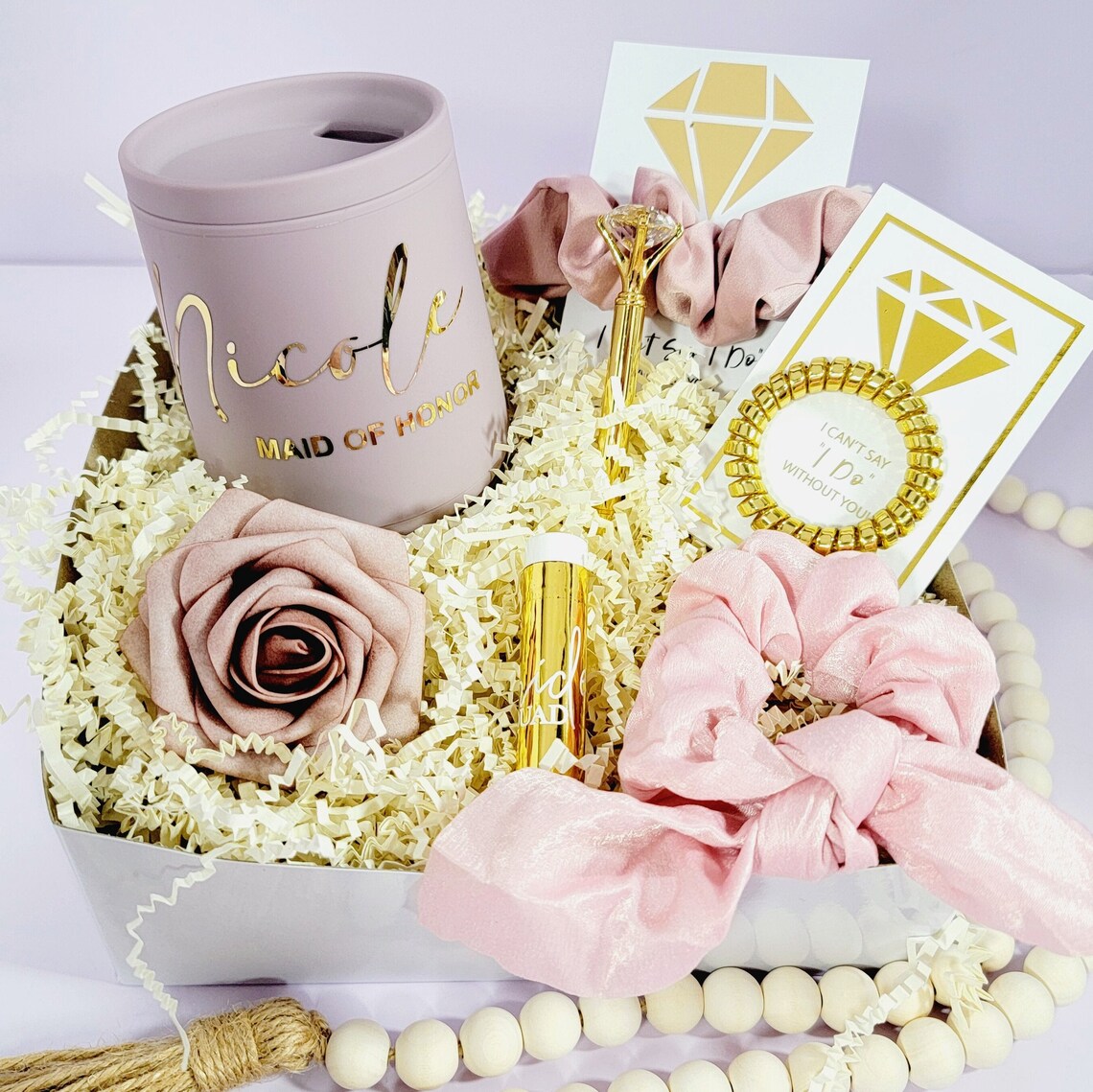 Bridesmaid Proposal Box Set Dusty Rose & Gold, Personalized Bridesmaid Gift Box, Will You Be My Maid of Honor Gift, Glass Tumbler -BMPB043