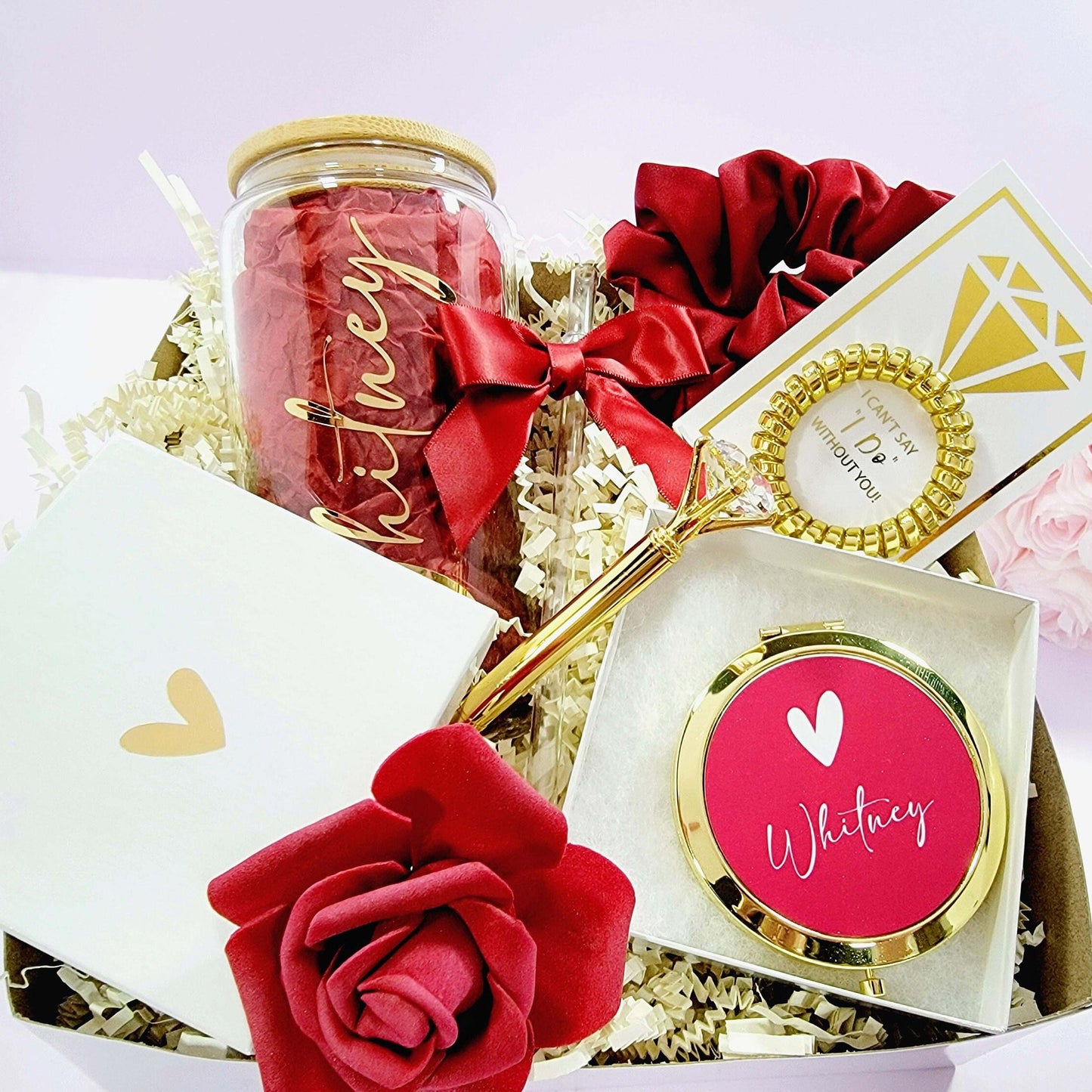 Burgundy and Gold Bridesmaid Proposal Box, Red Will You Be My Bridesmaid Box Set, Maroon Maid of Honor Gift Box + Glass Tumbler - BMPB041BUR