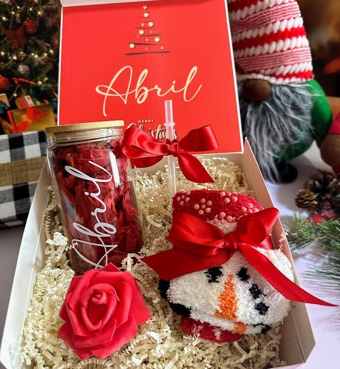 Christmas Gifts Box for Women with Iced Coffee Cup & Cozy Christmas Socks, Best Friend Gifts Christmas Basket for Her, Care Package - CGB37