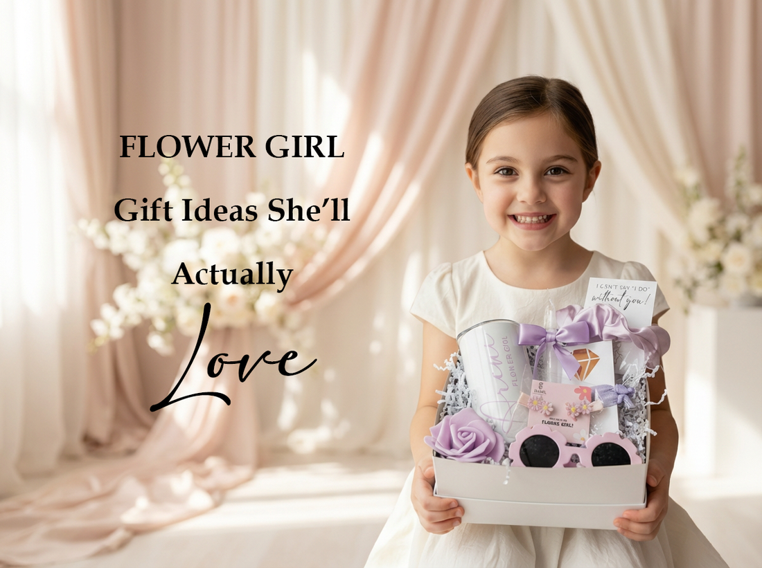 Elegant flower girl gift box with personalized keepsakes and soft pink wedding details