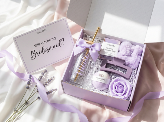 Elegant bridesmaid proposal box with personalized gifts and heartfelt proposal card