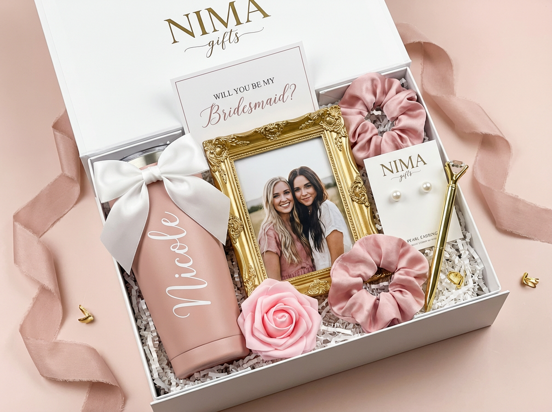 Elegant personalized mother of the bride gift box with keepsake items and soft luxury packaging