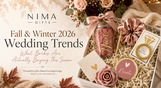 Fall & Winter 2026 wedding trends hero image featuring a personalized NIMA Gifts bridesmaid proposal gift box with a custom glass can, satin scrunchie, gold bracelet, compact mirror, rose, and elegant bridal accessories in warm autumn tones.