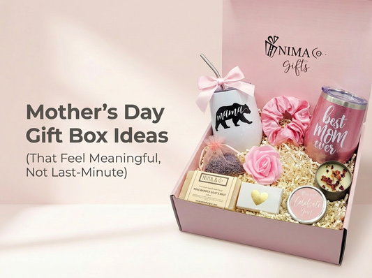 Elegant Mother’s Day gift box with personalized keepsake and self-care items, hand-packed by NIMA Gifts