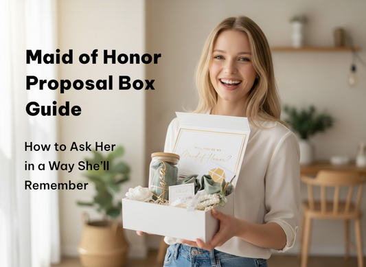 Maid of honor proposal box with personalized keepsake and self-care items, hand-packed by NIMA Gifts