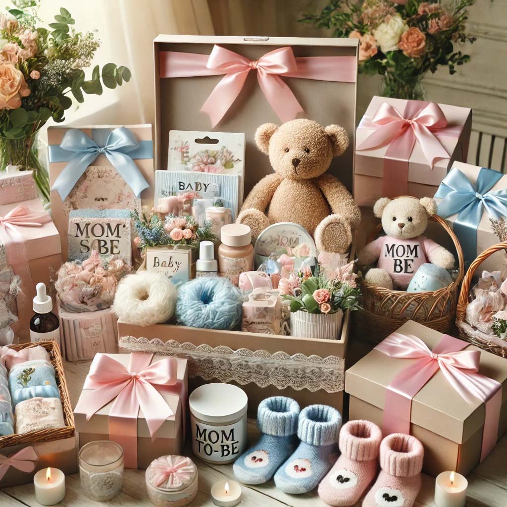Collection of pregnancy announcement and baby shower gift boxes. Elegant gift baskets and boxes by NIMA Gifts