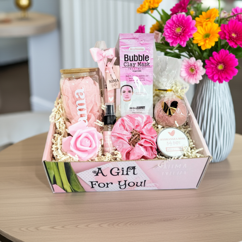 Birthday Gifts Spa Gift Basket For Mom + Iced Coffee Cup with Lid and Straw, Birthday Gift Box for Her, Spa Gift Set + Glass Tumbler-MDGB026