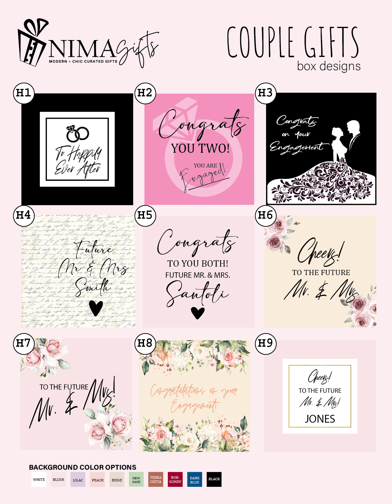 Collection of couple gift box designs with various text and graphics on a pink background.