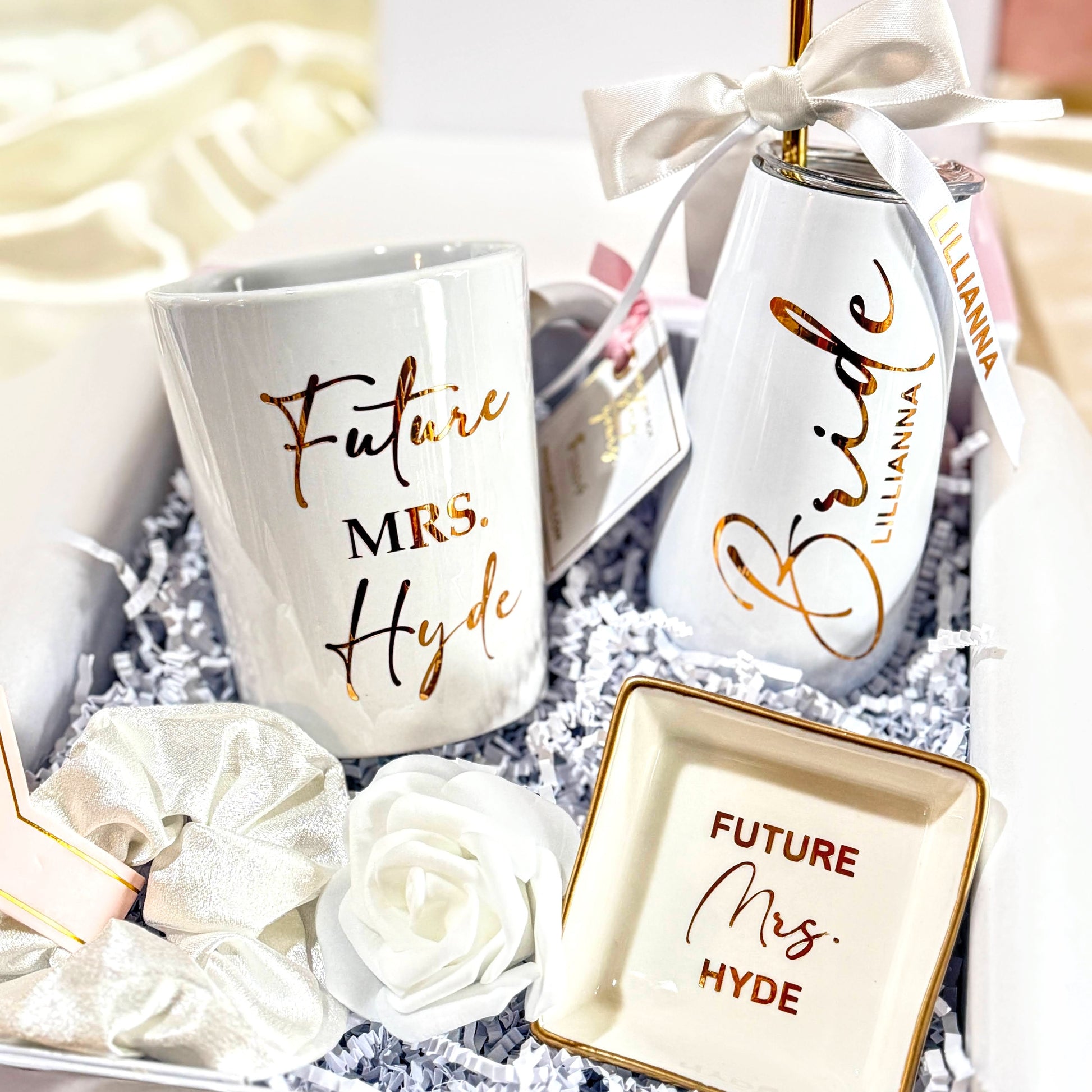 Personalized bride-to-be engagement gift box by NIMA Gifts featuring keepsake set for future Mrs, luxurious bridal shower present.