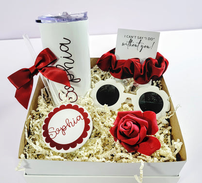 Burgundy flower girl proposal box gift set with flower sunglasses and maroon accents, designed for junior bridesmaids and flower girls.