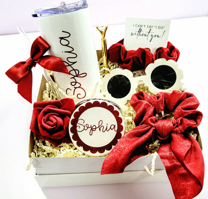 Burgundy flower girl proposal box gift set with maroon flower sunglasses and decorative red flower, suitable for junior bridesmaids.