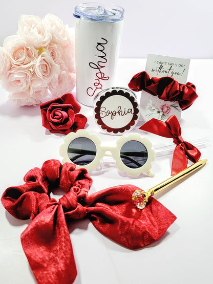 Burgundy flower girl proposal box gift set with flower sunglasses and maroon accessories, ideal for junior bridesmaids and flower girls.