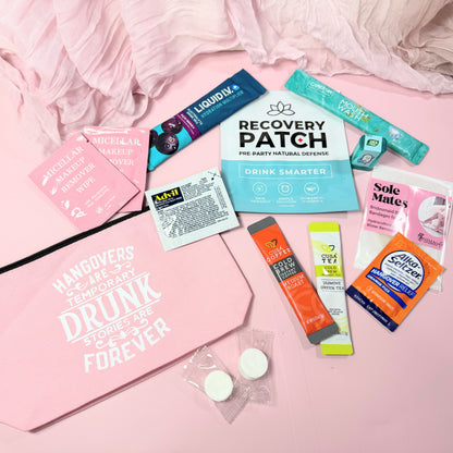 💊 Advil &amp; Alka-Seltzer – the classic duo for next-morning relief

💄 Makeup wipes – freshen up fast before brunch

🍵 Cold Tea &amp; Cold Coffee – refresh and re-energize (Option 2)


🤭 Mouthwash – for that minty fresh start

👠 Sole Mate blister band aids – because dancing all night has its price

💧 Recovery patch – rehydrate and revive

➕ Liquid I.V. packet – instant electrolyte boost

🍬 Mini Tic Tacs – stay cute, stay fresh

🙌 Mini towels – wipe away the nig